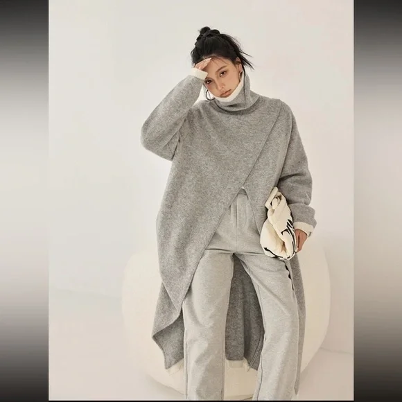 Gigi style High quality wool blend long slit turtleneck sweater